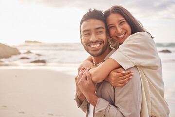 Love, portrait of couple and on the beach happy together with a lens flare. Care or support, summer vacation or holiday break and smile with young people at the sea for a romantic date outdoors