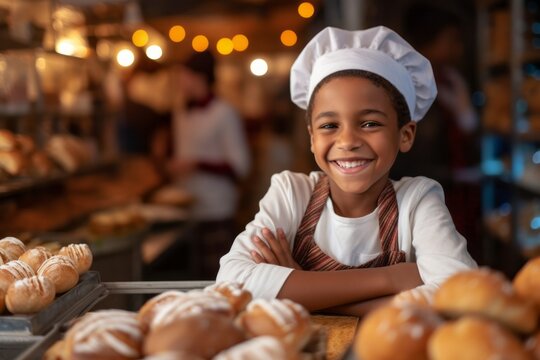 Portrait of smiling little girl with buns in bakery at counter