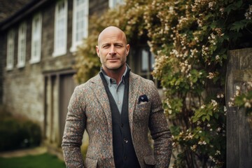 Handsome mature man standing in front of an old house.