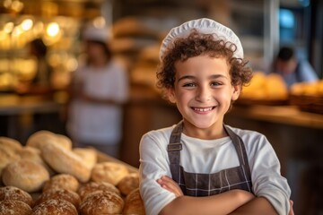 Close-up portrait photography of a pleased child male that is wearing a simple tunic against a busy bakery with freshly baked goods and bakers at work background . Generative AI