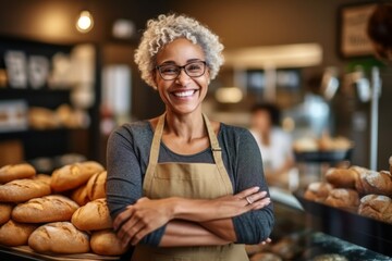 Medium shot portrait photography of a grinning woman in her 40s that is wearing a chic cardigan against a busy bakery with freshly baked goods and bakers at work background . Generative AI - obrazy, fototapety, plakaty