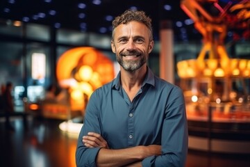 Obraz premium Medium shot portrait photography of a grinning man in his 40s that is wearing a trendy jumpsuit against an interactive science museum with hands-on exhibits background . Generative AI