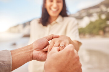 Pov, engagement and woman with ring on hand at beach with smile, love and happy couple vacation....
