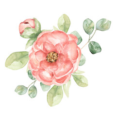 Watercolor peony flowers and greenery bouquet clipart, delicate floral arrangement illustration