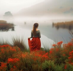 person on the shore of a lake, woman on her back, woman in the lake, woman surrounded by roses on the bank of the river. Woman, flowers and water generated by AI