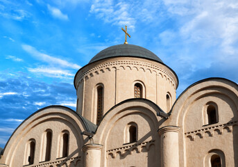 Domes of the Pyrohoshcha Dormition of the Mother of God Church on Podil against the blue sky in Kyiv. Kiev, Ukraine