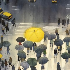 people on the sidewalk passing the street, raining, people in the rain, yellow umbrella drawn. AI-generated city 