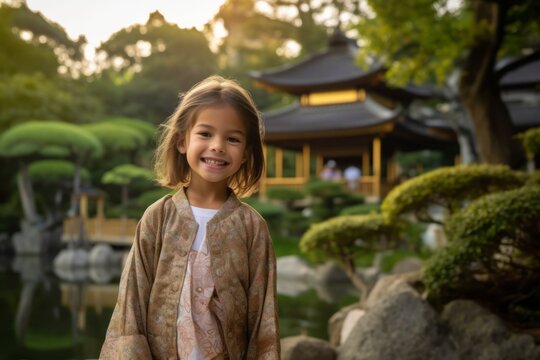 Medium shot portrait photography of a pleased child female that is wearing a chic cardigan against a beautiful oriental garden with pagodas and bridges background . Generative AI