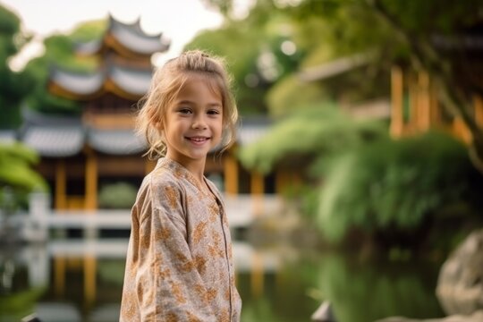 Little girl in chinese garden. Cheerful child looking at camera.
