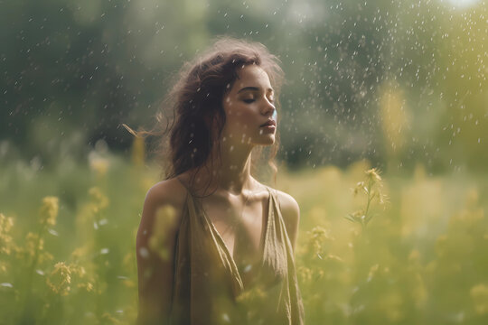 Woman embracing the peacefulness of a warm spring rain (Generative AI)