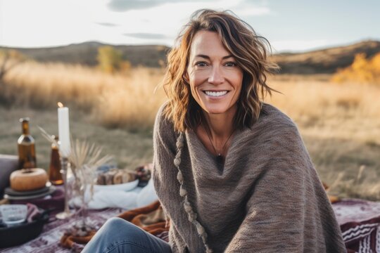 Medium shot portrait photography of a grinning woman in her 40s that is wearing a cozy sweater against a scenic countryside picnic with friends and family background . Generative AI