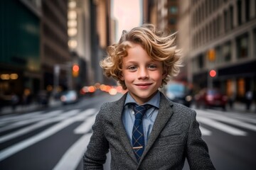 Portrait of a little boy in a business suit on the street