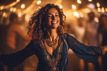 Medium shot portrait photography of a grinning woman in her 40s that is wearing a denim jacket against an entrancing belly dance performance in a venue background . Generative AI