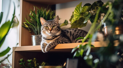 Cat and house plants in the apartment, a lot of greenery. portrait AI generated. - obrazy, fototapety, plakaty