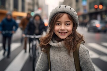 Fototapeta premium Medium shot portrait photography of a cheerful child female that is wearing a cozy sweater against a bustling city intersection with cyclists and pedestrians background . Generative AI