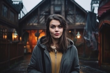 Obraz na płótnie Canvas Medium shot portrait photography of a satisfied woman in her 30s that is wearing a cozy sweater against a thrilling haunted house attraction with brave visitors background . Generative AI