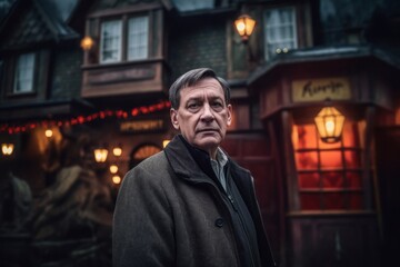 Obraz premium Portrait of a middle-aged man with gray hair, wearing a coat, standing in front of a Christmas market in Edinburgh, Scotland.