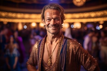 Portrait of a handsome man in traditional clothes at the circus.