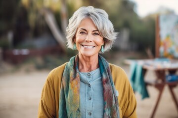 Portrait of smiling senior woman standing outdoors and looking at camera.