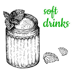 Cold milk drink. Milkshake.Vector illustration . Hand drawing. Black and white sketch. Isolated on white background. For bars, cafes, menus, labels and healthy drink advertising design