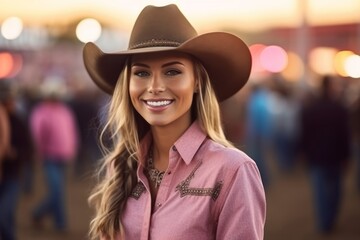 Medium shot portrait photography of a pleased woman in her 20s that is wearing a chic cardigan against a lively rodeo event with barrel racing and bull riding background . Generative AI