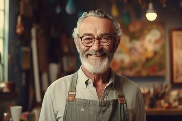 Portrait of a senior male artist in his workshop. He is smiling and looking at camera.