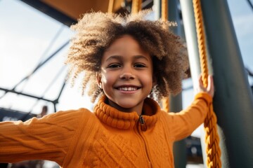 Medium shot portrait photography of a pleased child female that is wearing a chic cardigan against an adrenaline-pumping bungee jumping platform background . Generative AI