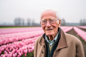 Medium shot portrait photography of a satisfied man in his 90s that is wearing a chic cardigan against a beautiful tulip field in full bloom with a windmill background . Generative AI