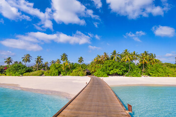 Amazing panorama at Maldives. Luxury resort villas pier seascape with palm trees, white sand blue sea sky. Beautiful summer landscape. Amazing beach tranquility for vacation holiday. Paradise island