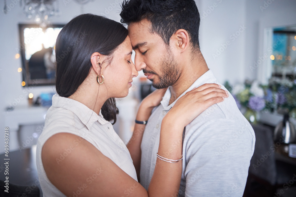 Poster Touching, bonding and couple with forehead together in communication of support, love or trust in partnership. People, forgive and hug after fight, conflict or date for healthy relationship and peace