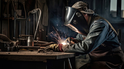 Fototapeta na wymiar Industrial welder welding fabricated tube construction in factor. Generative AI