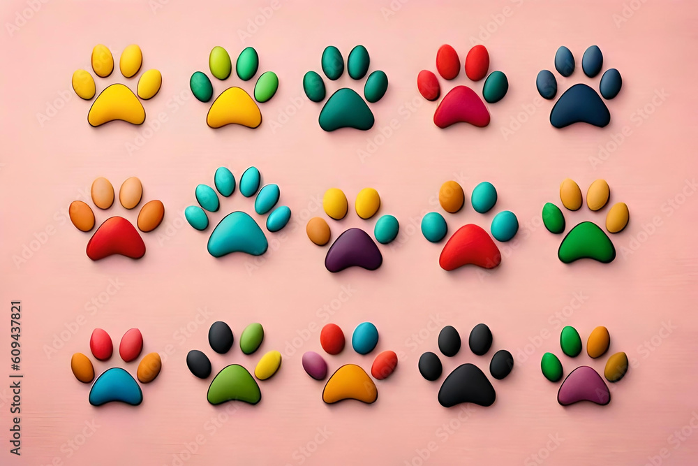 Poster an array of colorful paw prints, set against a light pink background, arranged in a flat lay composi