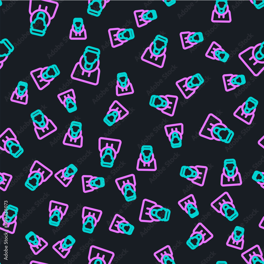 Poster line monk icon isolated seamless pattern on black background. vector