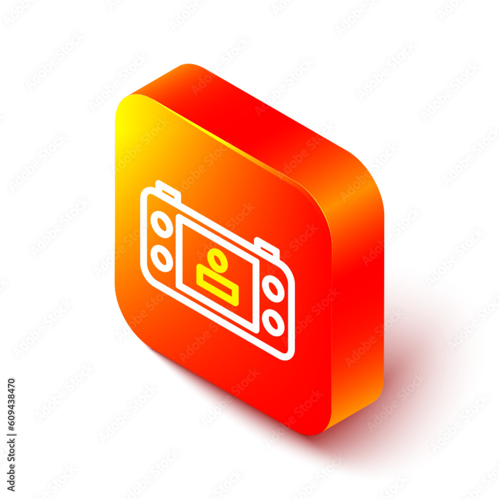 Poster isometric line portable video game console icon isolated on white background. handheld console gamin