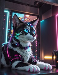 A cat with neon lights