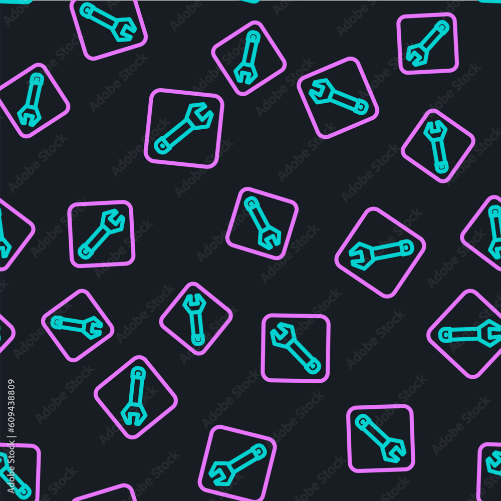Poster line wrench spanner icon isolated seamless pattern on black background. spanner repair tool. service