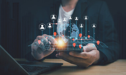 Customer Relationships management (CRM) global network technology concept Manage communications, relationships, exchange for digital, marketing customers via communication network online digital