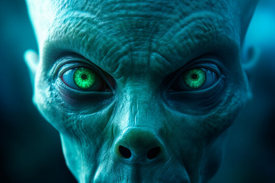 Alien creature with green eyes from outer space. Generative AI