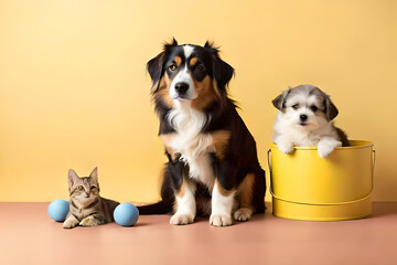 a joyful procession of dogs and their toys, set against a pastel yellow background