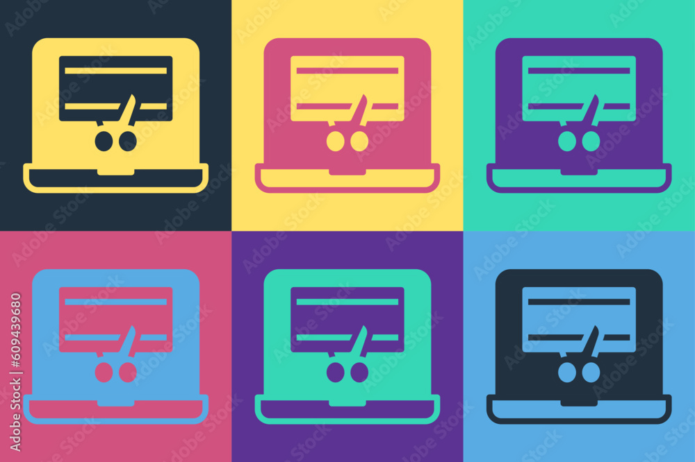 Aufkleber pop art video recorder or editor software on laptop icon isolated on color background. video editing