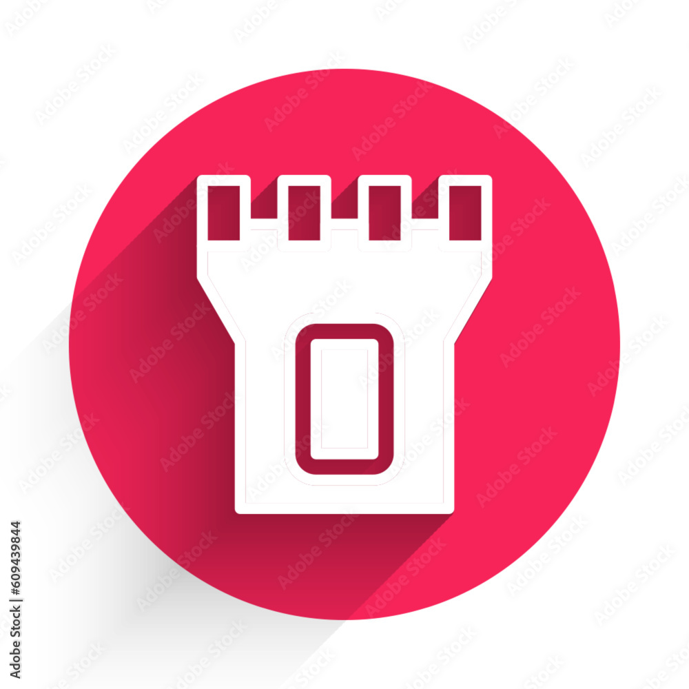 Poster white castle tower icon isolated with long shadow. fortress sign. red circle button. vector
