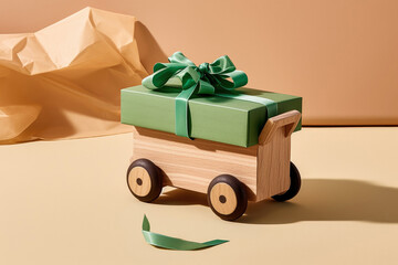 wooden toy car with a green present on top , birthday gift concept on isolated peach fuzz color studio background, Generative AI