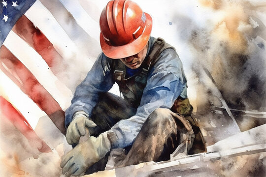 Labour day, men at work, american flag, handyman worker with tools, generative AI