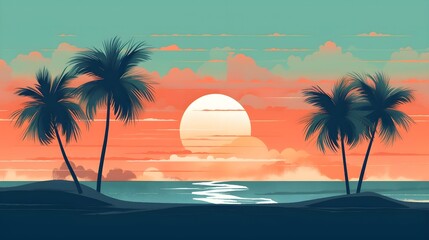 A minimalist design of a tropical beach, focusing on the gentle curves of palm trees - Generative AI