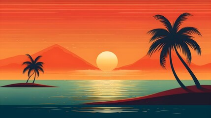 A minimalist design of a tropical beach, focusing on the gentle curves of palm trees - Generative AI