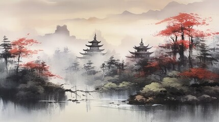 Fototapeta na wymiar Japanese illustration of a landscape in japan, generative AI