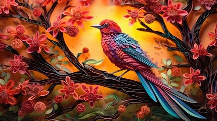 Paper quilling art of a colorful bird sitting on a branch at the sunset, generative AI