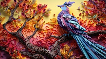 Paper quilling art of a colorful bird sitting on a branch at the sunset, generative AI