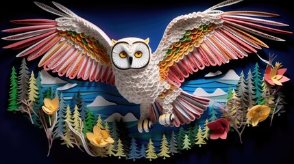Paper quilling art of a snowy owl flying over a forest, generative AI