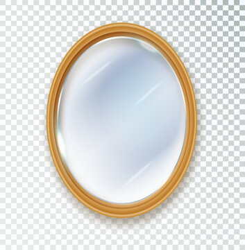 Mirror oval insulated. Realistic oval mirror frame, white mirrors template. Reflective glass surfaces isolated. Realistic 3D interior furniture design